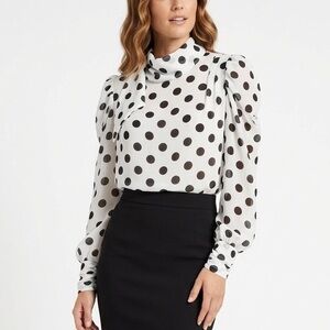Fashion Nova White Polka Dot Tie-Neck Blouse